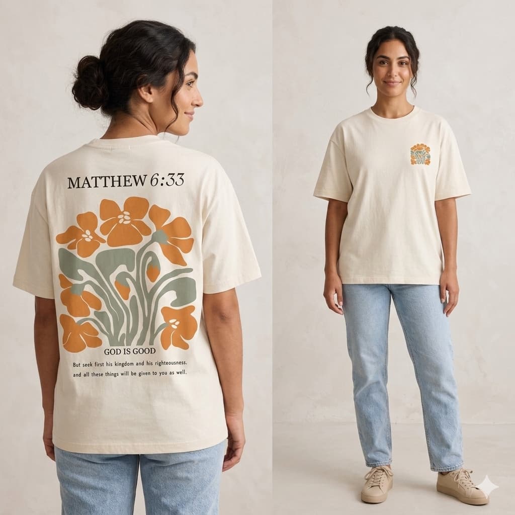 Camiseta Cristã Seek First Matthew 6:33 | Camiseta Gospel Estampa Floral Unissex