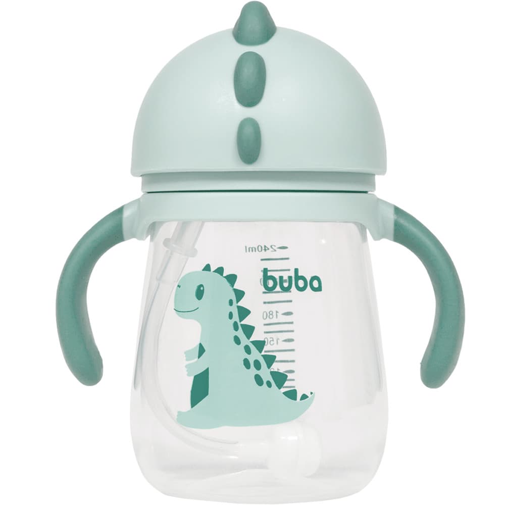 Copo Transição Treinamento Infantil Buba Dino Verde 240ml Com Canudo Silicone e Dispositivo Anti-ar
