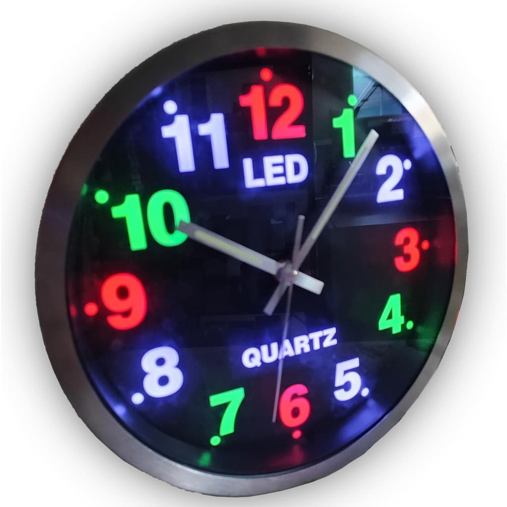Relógio Parede Decorativo LED Luminoso Azul 25cm Quartz Números Grandes