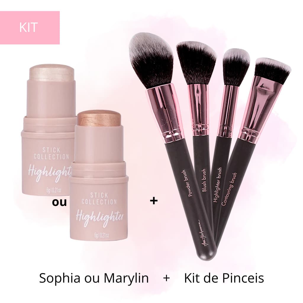 Kit de Pincéis para Iluminador e Contorno + Iluminador Em Bastão Sophia ou Marilyn - Ana Hickmann