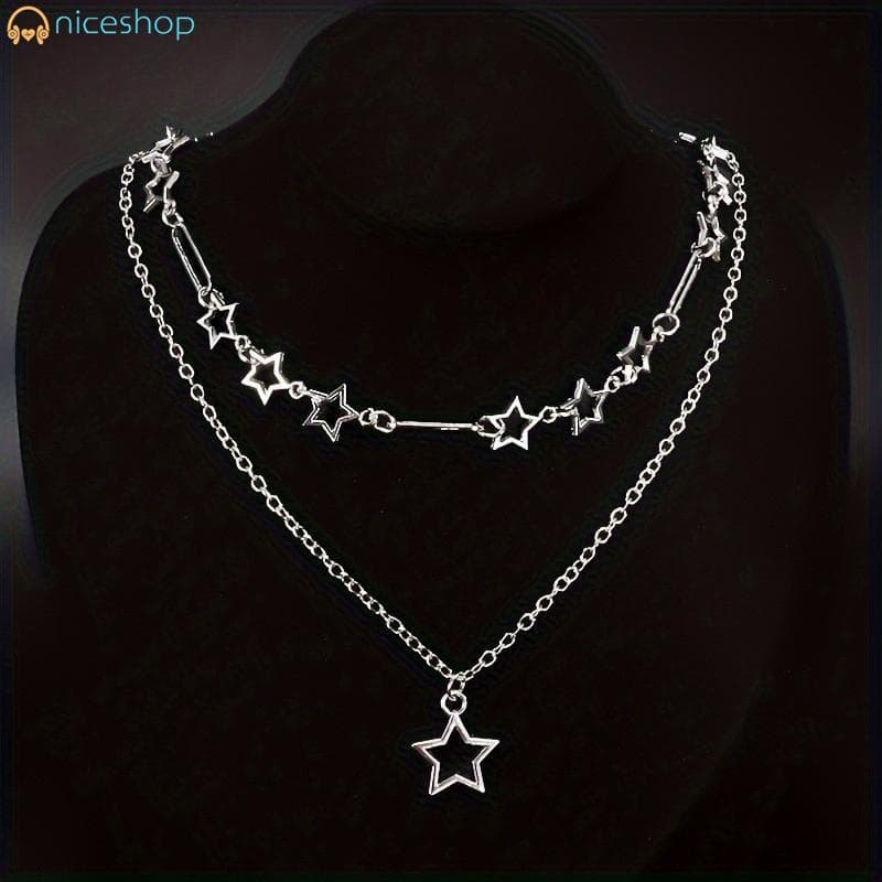 Colar De Corrente Estrela De Camada Dupla Estilo Punk – Acessório De Festa Fashion Y2K Vazado Para Mulheres