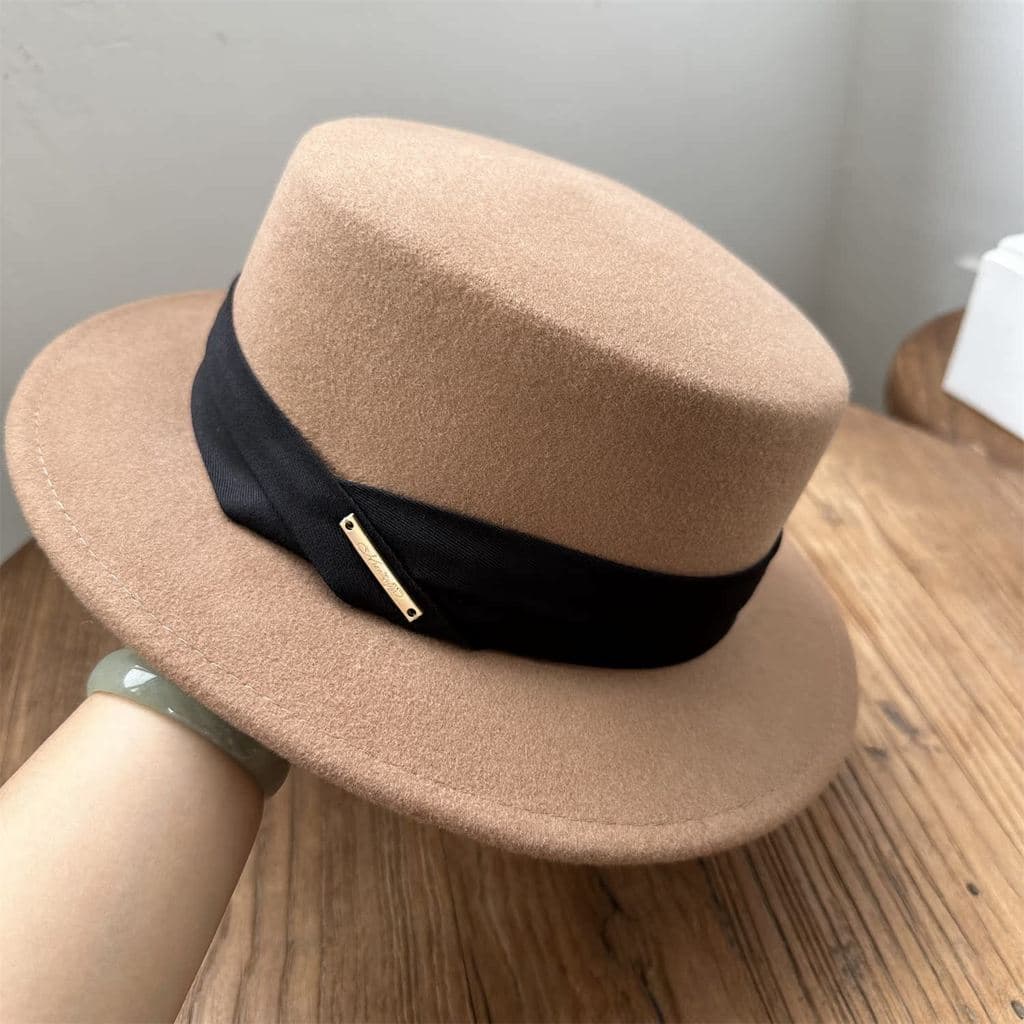 Camelo temperamento francês lã plana chapéu feminino outono inverno pequena borda Retro estilo celebridade britânica sim