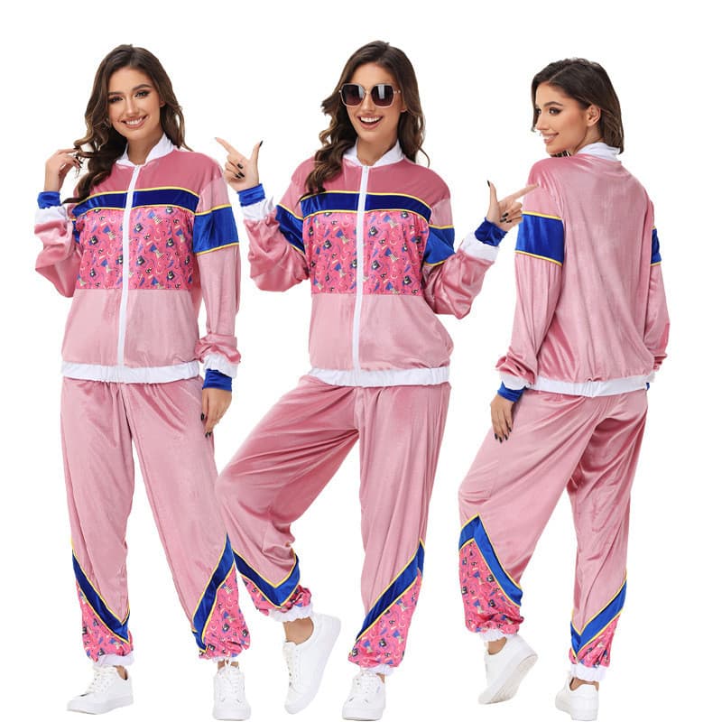 Conjunto Moletom Retrô Anos 80 90 Feminino Jaqueta + Calça Fantasia Festa Temática Disco Halloween Carnaval