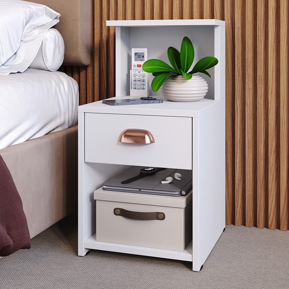 Mesa de Cabeceira Criado  Quarto Lateral de cama com Gaveta Nicho e Prateleira Cama Cleo