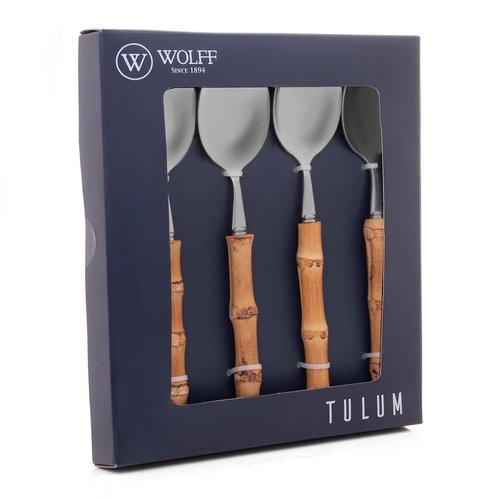 Conjunto 4 Colheres para Mesa Aço Inox Cabo Bambu Wolff 20,5cm