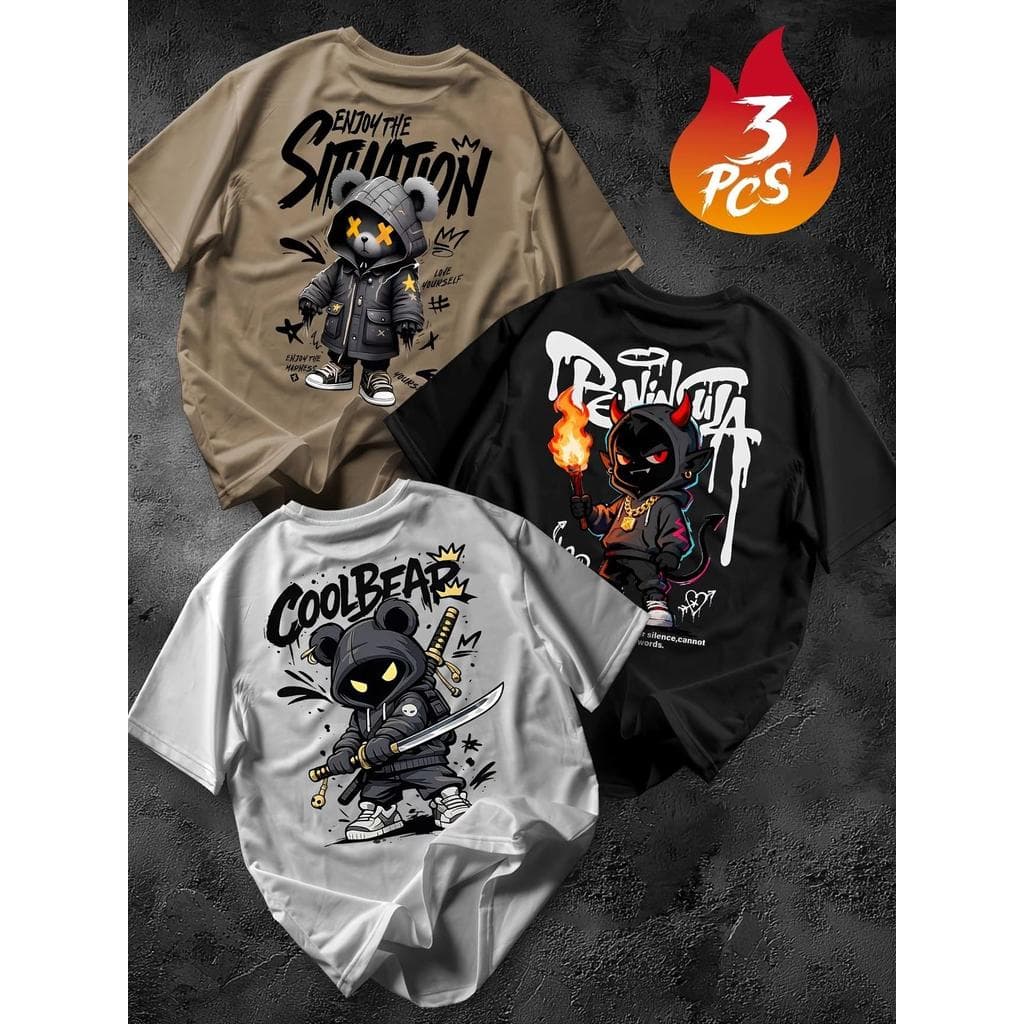 Kit 3 peças Camiseta Masculina Algodão Premium Adulto Plus Size Infantil Streetwear Cool Bear Situation Menino Devil