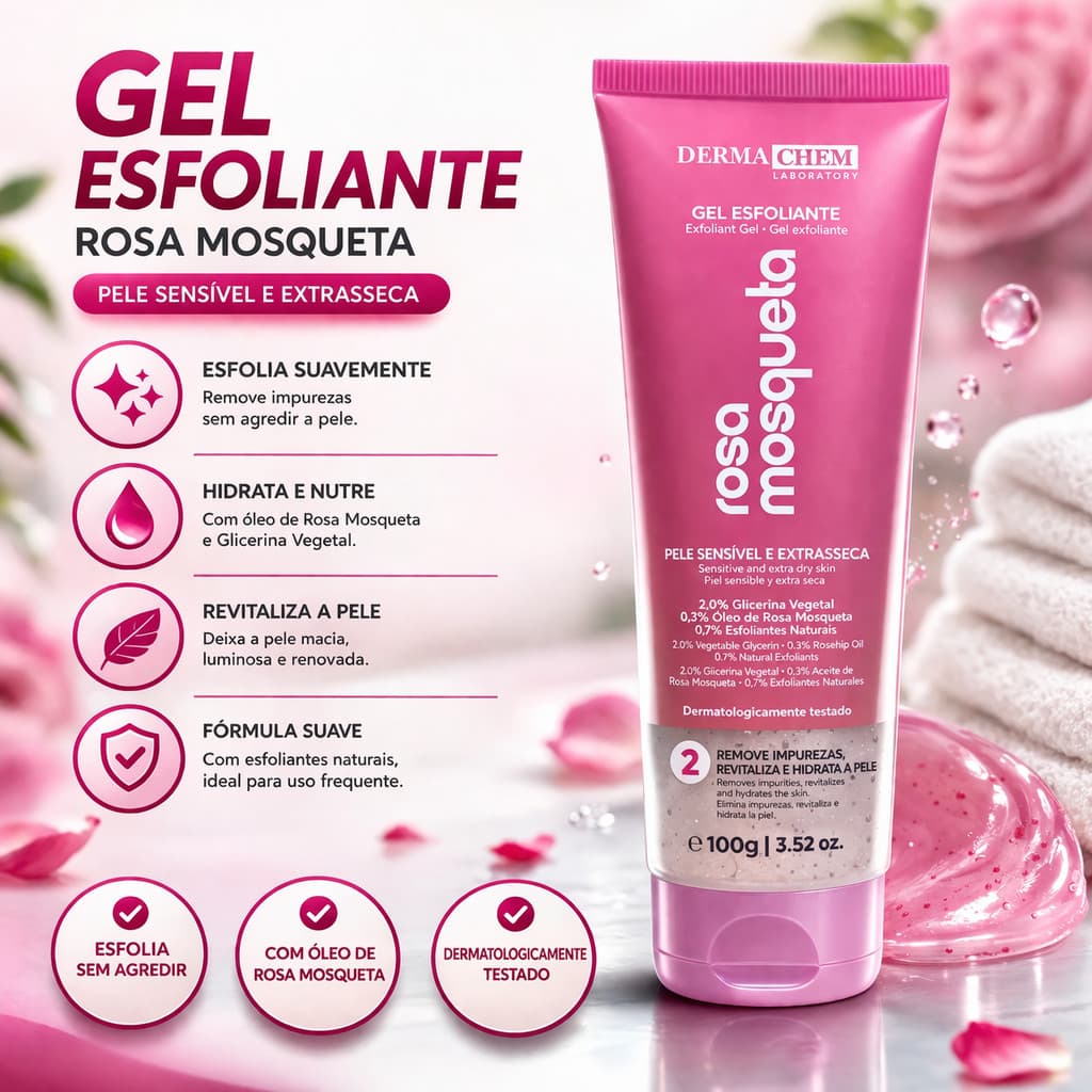 Gel Esfoliante Facial Rosa Mosqueta Dermachem 100ml Remove Cravos Oleosidade Limpeza Profunda