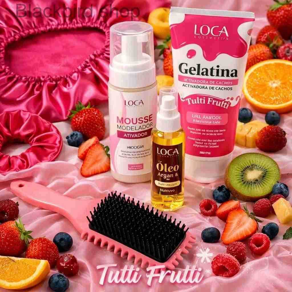 Kit Capilar Loca Cosmetics - Gelatina Tutti Frutti, Óleo de Argan, Mousse Rosa Mosqueta, Escova de Fitagem e XuxinhaCI4E