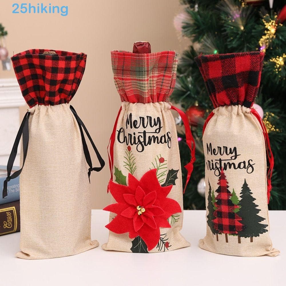 Conjunto De Garrafa De Vinho Para Caminhada , Capa Natal Com Cordão De Flor , Bolsa Reutilizável De Desenho Animado Letr