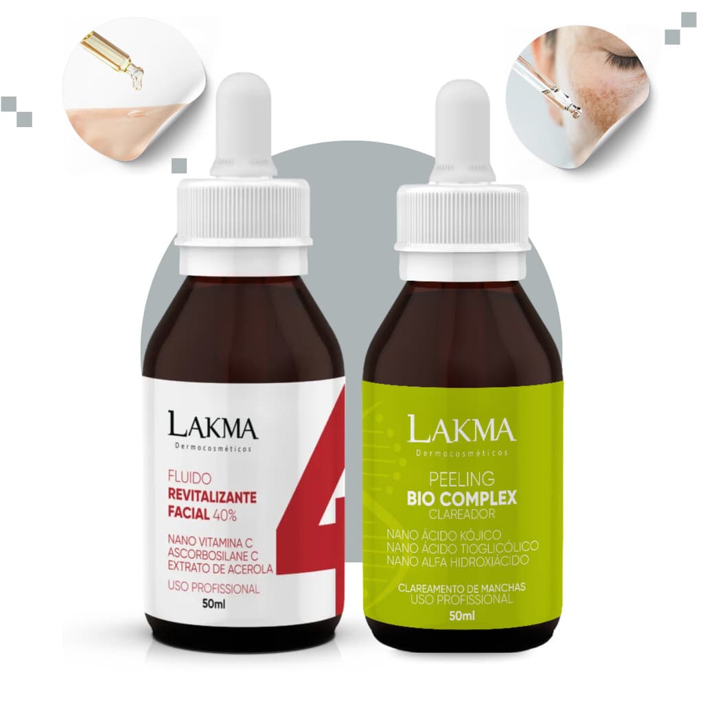Kit Peeling Bio Complex + Fluido Vitamina C Lakma 50ml Clareador De Manchas e Melasma Antioxidante
