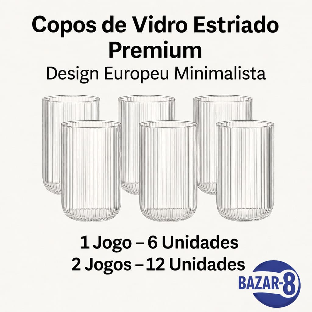 Jogo 6 Copos Vidro Estriado Premium – Design Europeu Canelado 420ml Suco Agua Elegante Resistente