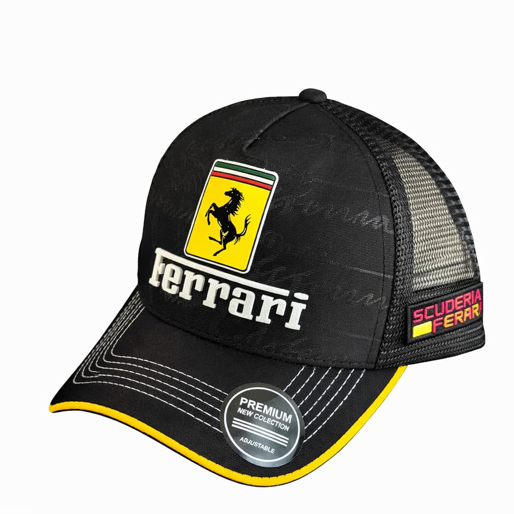 Boné Ferrar Trucker Preto Amarelo Automotivo Tela Traseira