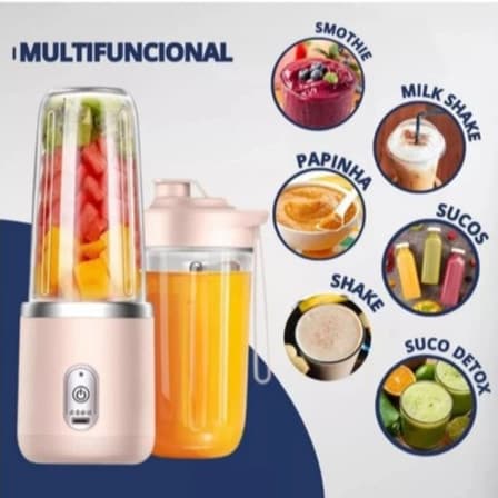Mini Liquidificador Mixer Processador Portátil Casa Camping Carro Recarregável 2 Copos Bivolt