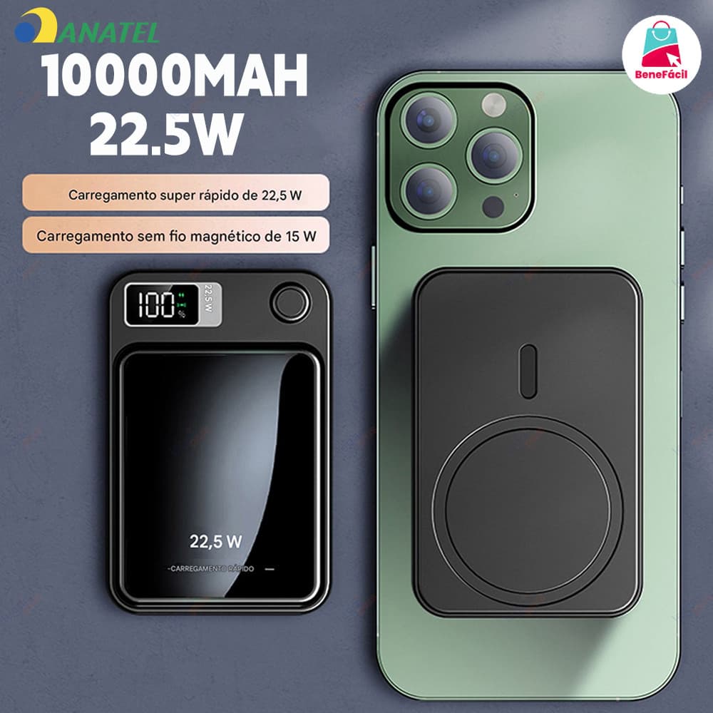 Bateria Portátil 10000mAh com Carregamento por Indução MagSafe e Tela LED, Compatível com iPhone e Android