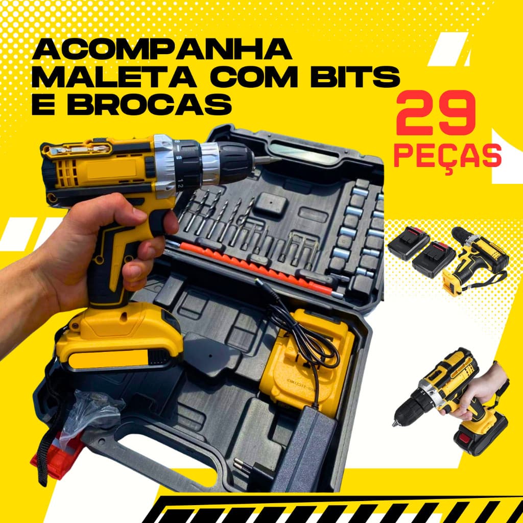Parafusadeira Furadeira Sem Fio 2 Baterias 48V Carregador Bivolt Indicador De Carga Luz LED Furadeira De Impacto