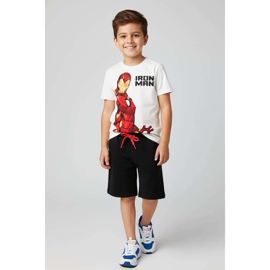 Conjunto Infantil Masculino Camiseta e Bermuda Homem de Ferro