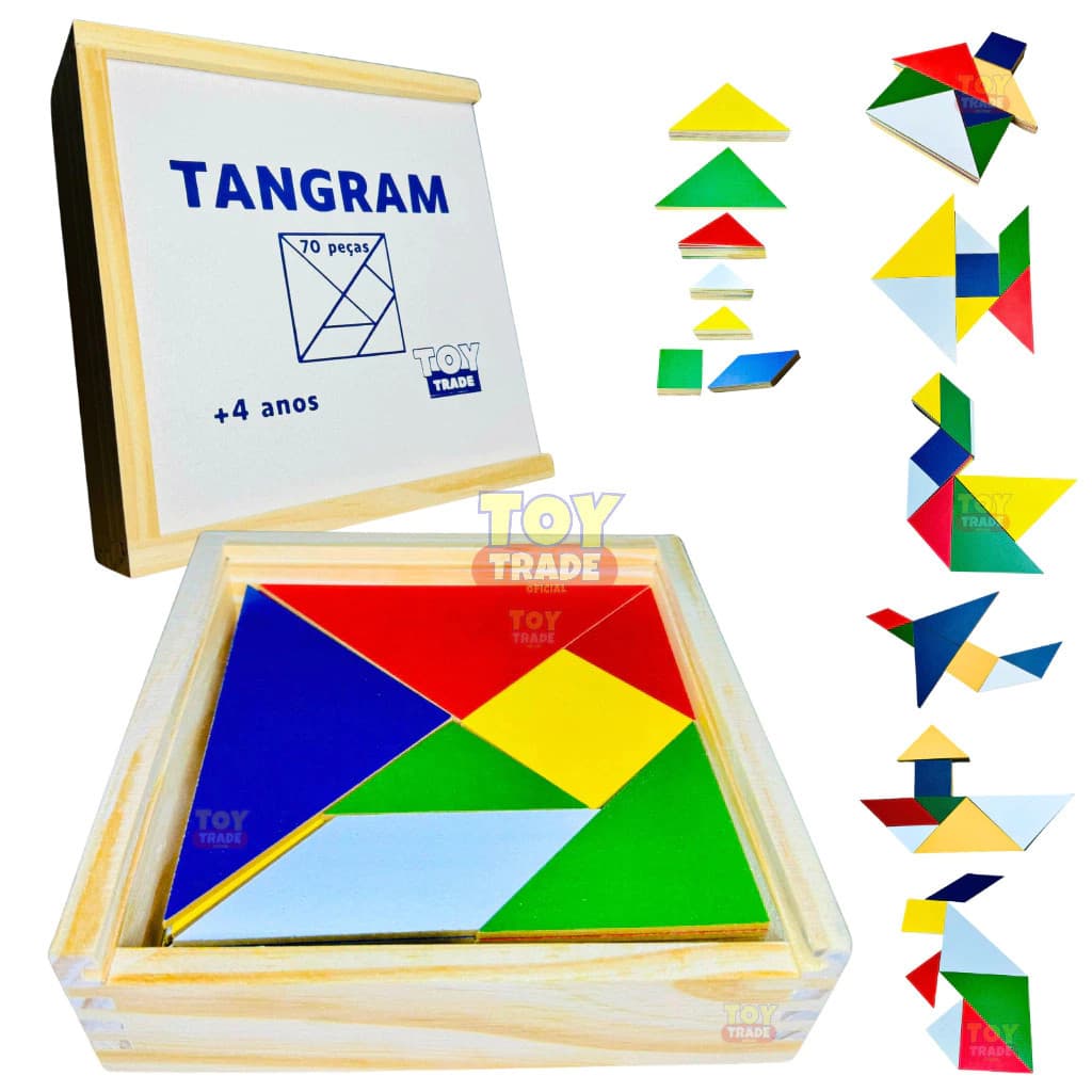 Tangram com 70 Peças em Madeira com Caixa – Toy Trade Raciocínio Lógico e Criatividade