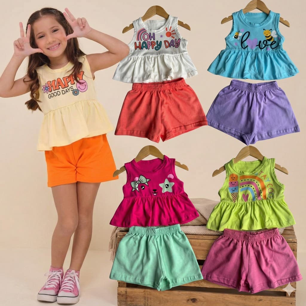 Kit até 6 Peças Infantis Regata e Short Feminina Menina– Estampas Sortidas Algodão Confortável 3 Conjuntos