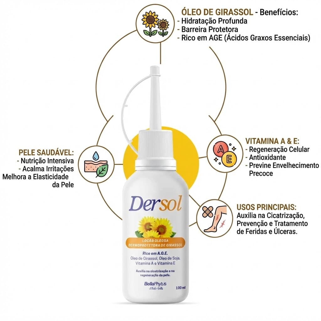 Óleo de Girassol Dersol 100ml Bellaphytus Hidrata Rejuvenesce Melhora a Elasticidade
