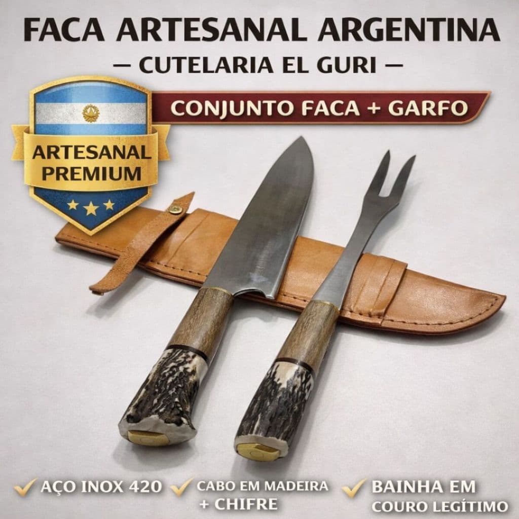 Faca Artesanal Argentina El Guri Aço Inox 420 + Garfo para Assado com Bainha de Couro