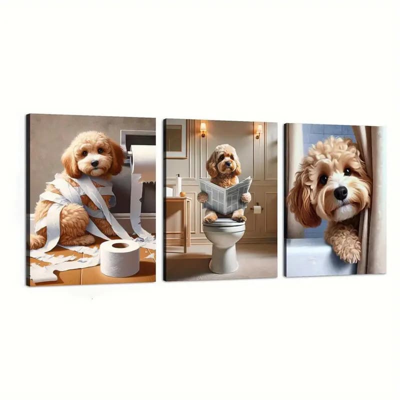 Kit 3 Quadros Decorativos Divertidos de Cachorro no Banheiro – Arte Criativa para Sala ou Lavabo