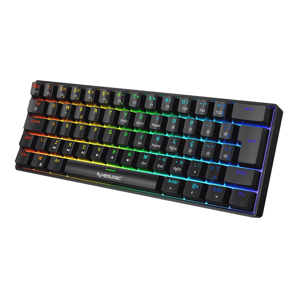 Teclado Mecânico Neologic Precision Pro Dark, 60%, RGB, Hot Swap 61 Teclas, Switch Blue, Cabo Tipo C
