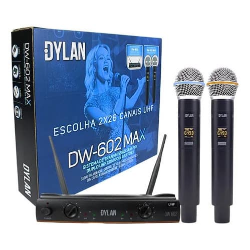 Microfone Sem Fio Duplo Dylan Dw602 Max Uhf Profissional Preto