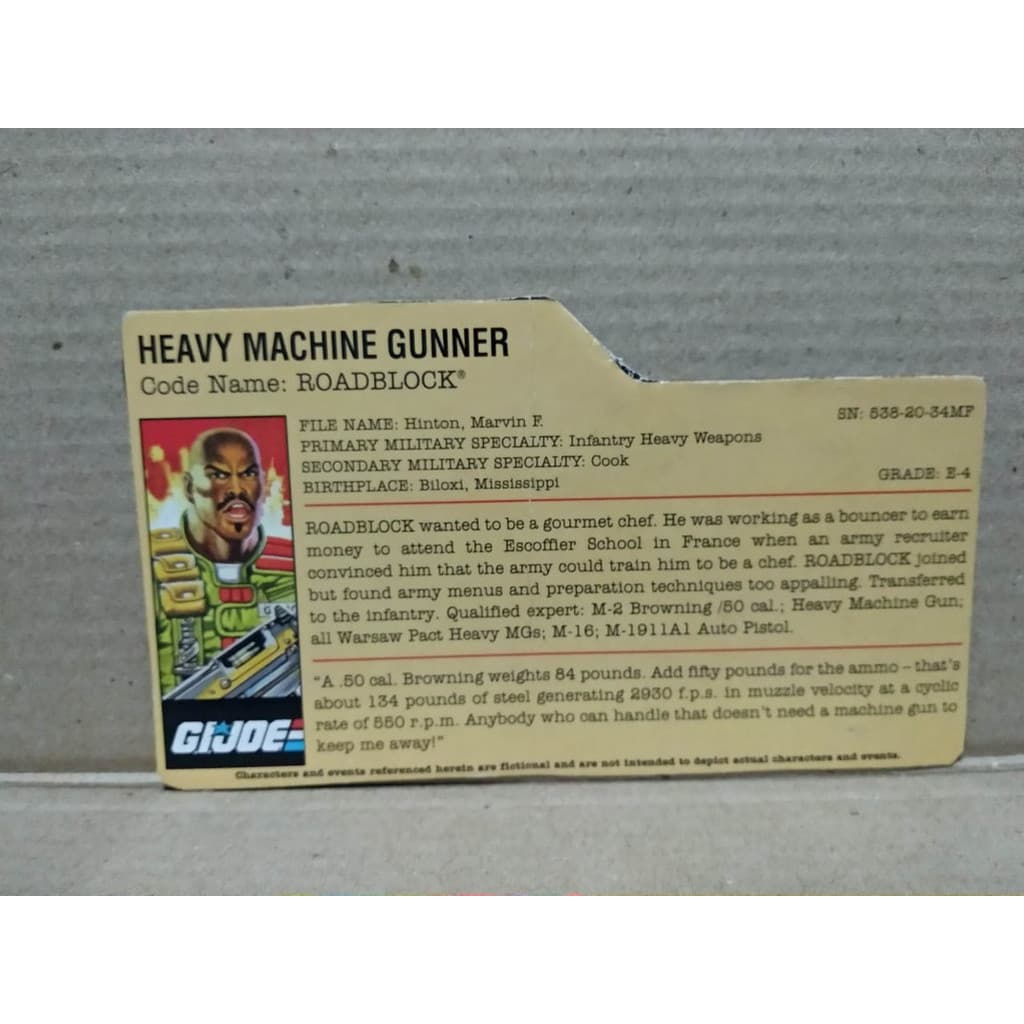 Etiqueta Caixa Gi Joe Comandos em acao Macchine Gunner