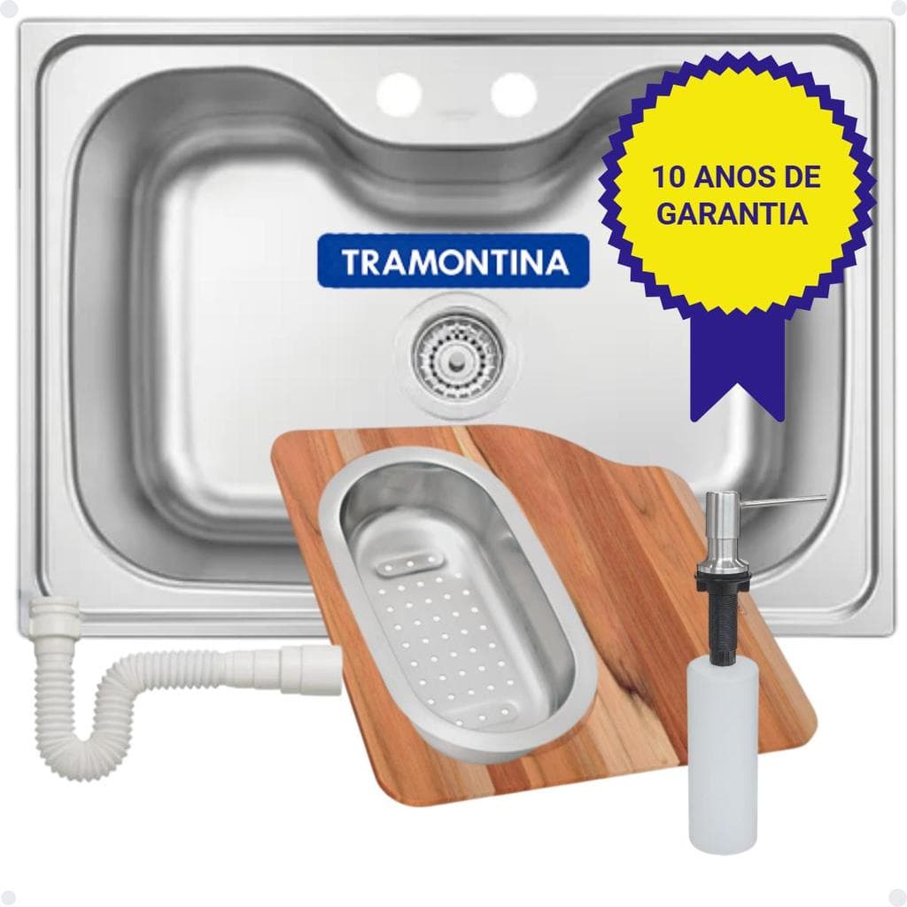 Cuba Tramontina Morgana 60FX Acetinada com Acessórios: Tábua de Madeira, Coador Inox e Dosador de Sabão 500ML