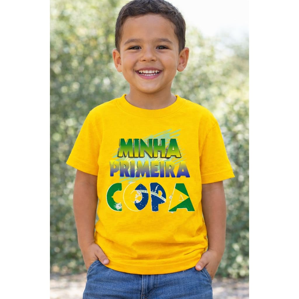 Camiseta Infantil Brasil Minha Primeira Copa Seleção Algodão Conforto Diário Menina Unissex
