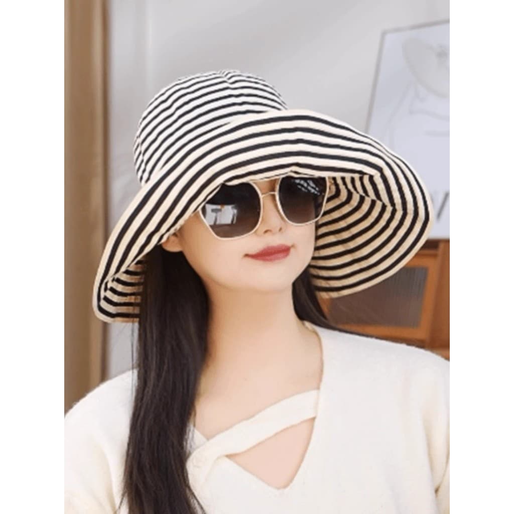 Versão coreana verão viagem ao ar livre moda All-Match listrado grande aba chapéu balde feminino ins chapéu de sol roláv