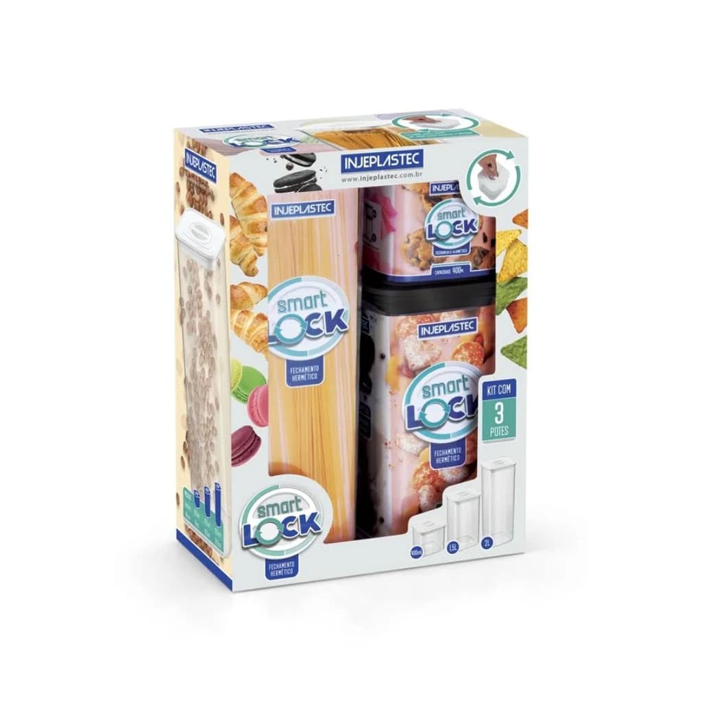 Kit 4 Potes Mantimento Quadrado Hermético 2L Tampa Preta Com Trava Giratória Vedação Silicone Empilhável em Acrílico