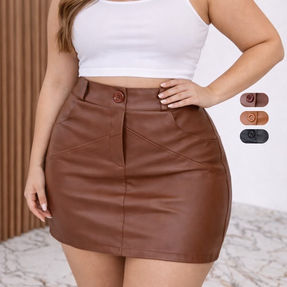 Saia Feminina Couro Ecológico Cintura Alta com Zíper e Bolso Moda Outono Inverno Plus Size