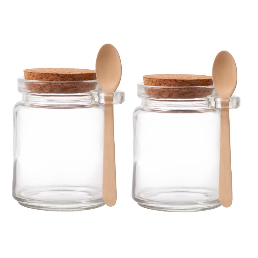 Kit 2 Porta Pote Tempero Saleiro Vidro com Colher de Bambu e Tampa Rolha 200ml