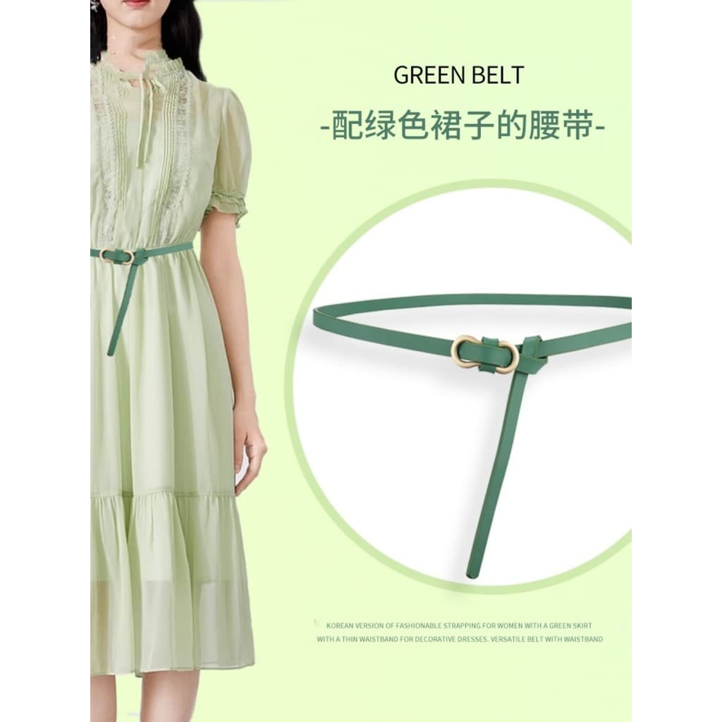 Versão coreana moda rendas senhoras com saia verde cinto fino vestido decorativo All-Match cinto cintura estreita