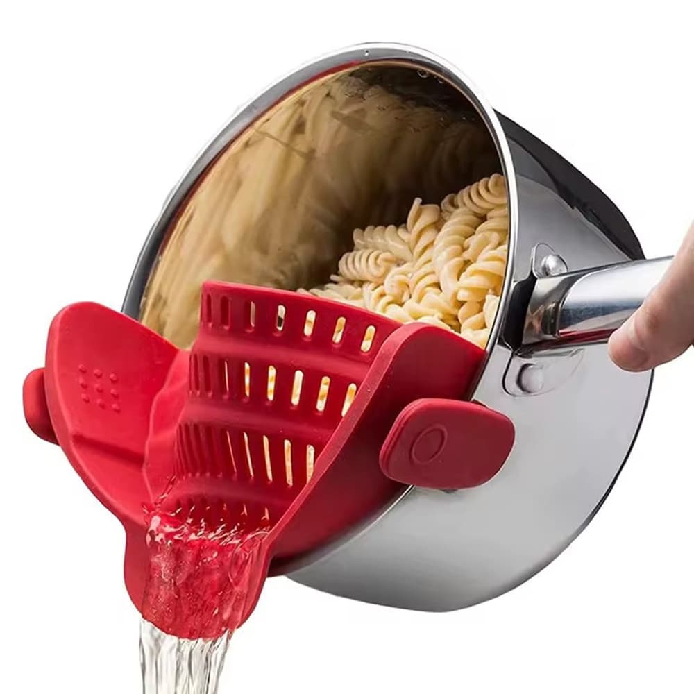 Escorredor de panelas em silicone com clips na cor vermelho