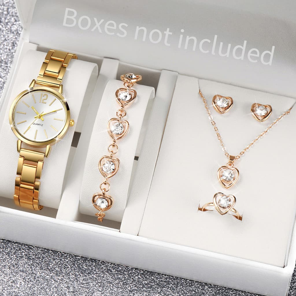 Conjunto Relógio Feminino 6 Peças -  Pulseira Brincos Corrente Anel