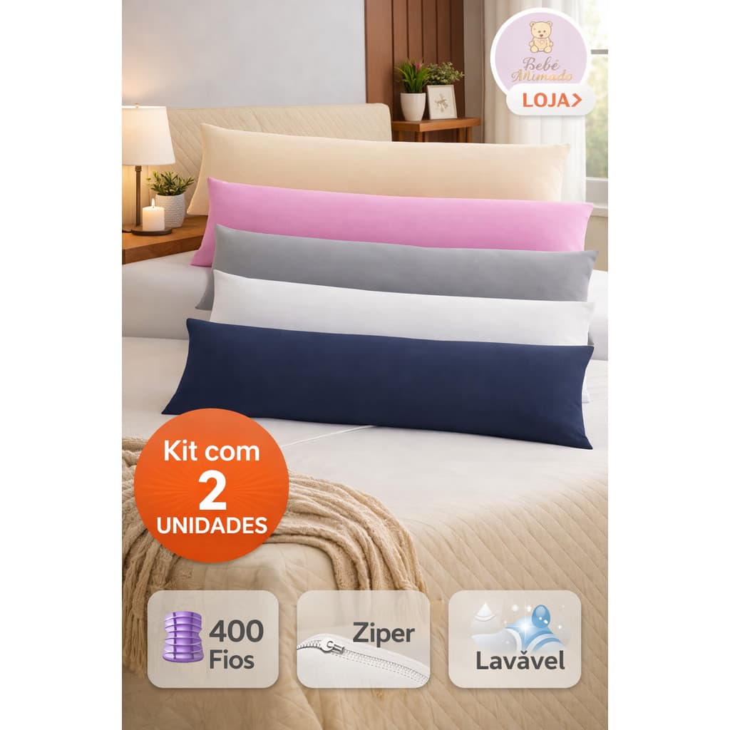 Kit 2 Fronhas Xuxão 400 Fios Combinações de Cores Travesseiro de Corpo com Zíper Gestante