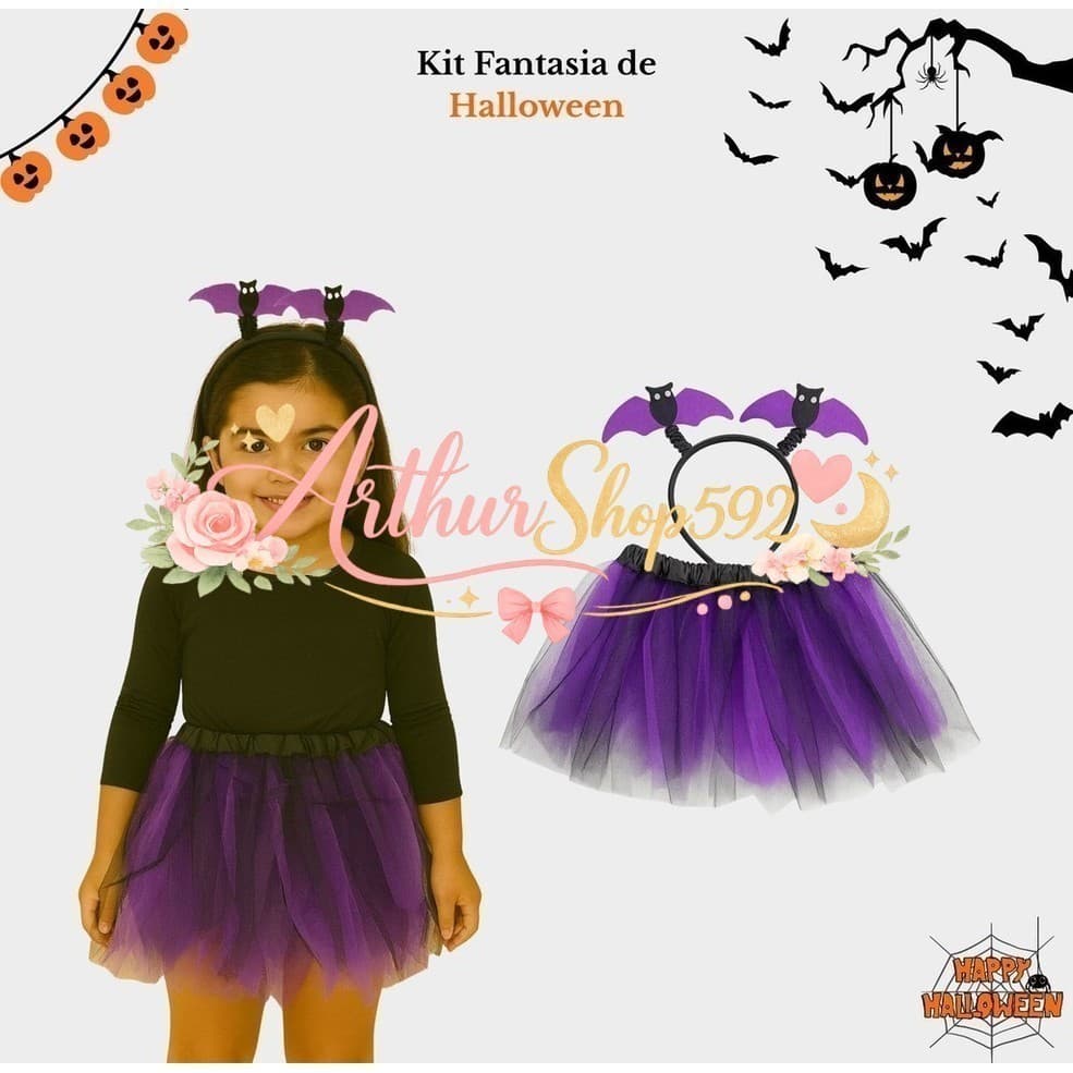 (V)Fantasia Infantil Halloween Roxa com Tiara de Morcego e Saia 30cm – Kit Festa TemáticaXMOC