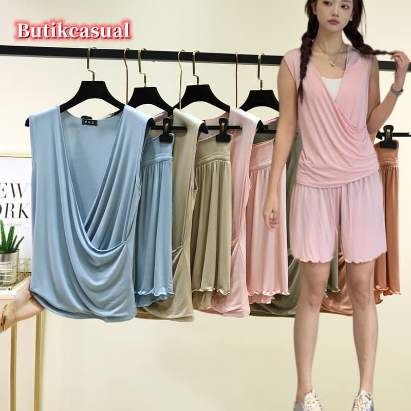 Conjunto De Pijama Feminino Plus Size Modal Cruz Decote Em V Sem Mangas Top Babado Shorts Duas Peças Roupa De Casa