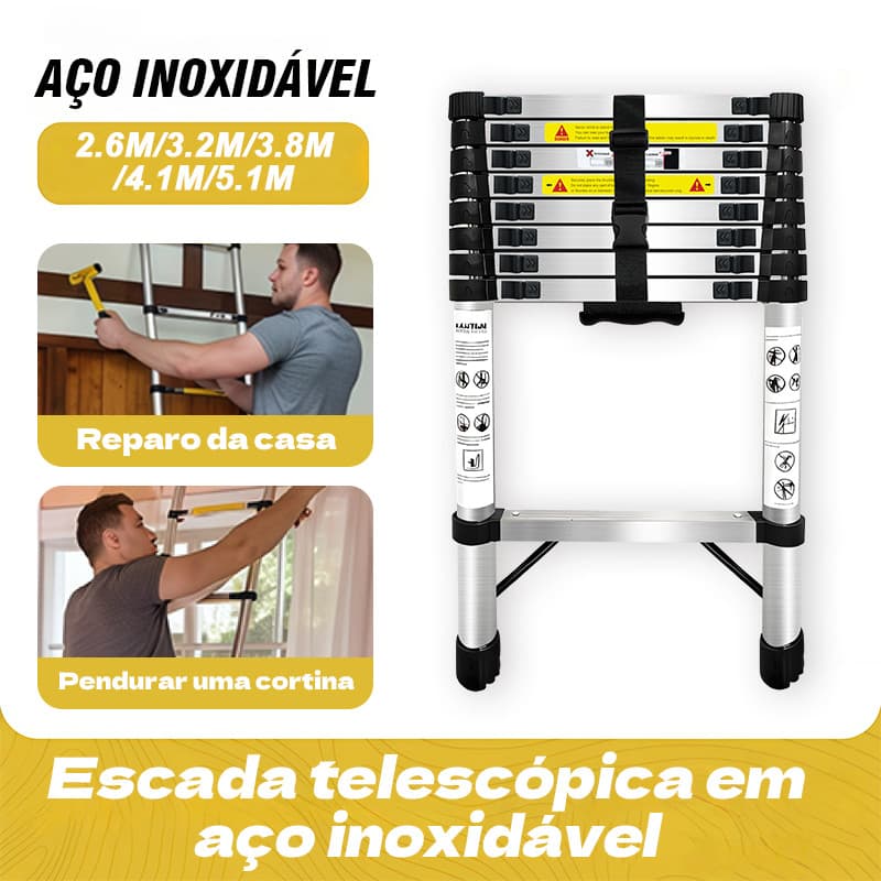 Escada telescópica em aço inoxidável 2,6 m-5,1 m para uso doméstico e de engenharia
