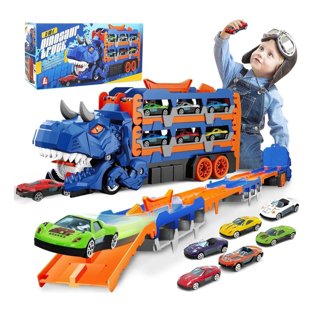 12 Carrinhos com Caminhão Dinossauro Dino Engole Carrinhos Brinquedo Infantil Menino Kit Presente