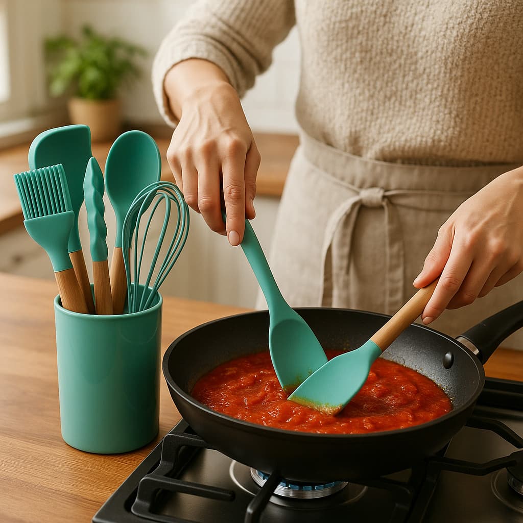Conjunto Utensílios Cozinha 8 Peças Silicone Faca Colher Concha Espátula Pegador Pincel Talheres