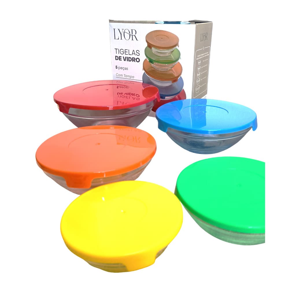 Tigelas de Vidro C/ Tampa de Plástico Kit c/5 Unidades Tamanho Variado - Lyor
