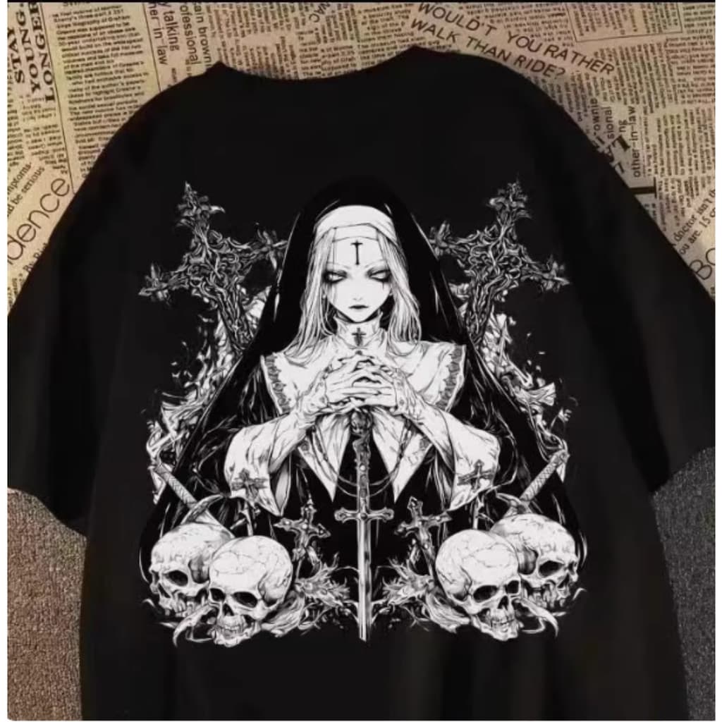 Camiseta Masculina Feminina Retrô Plus Size Algodão Estampa Estilo Gótico Cruz Freira Streetwear
