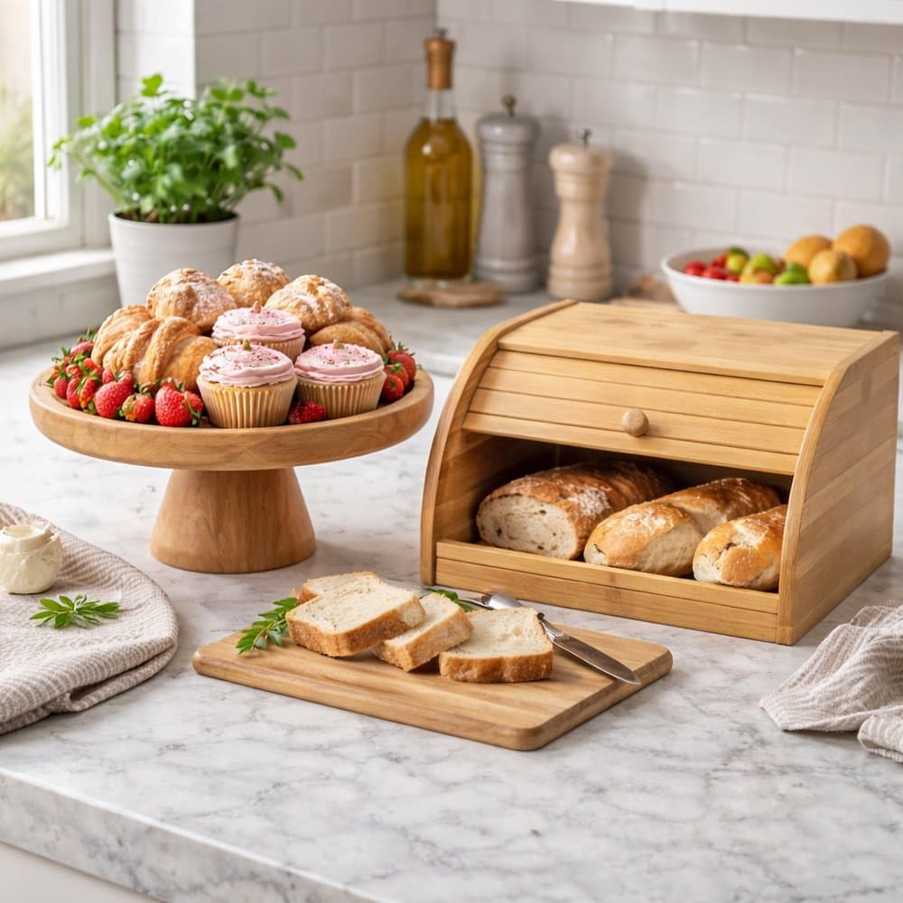 Kit Prato Para Bolos e Porta Pão de Bambu - Mek Decor