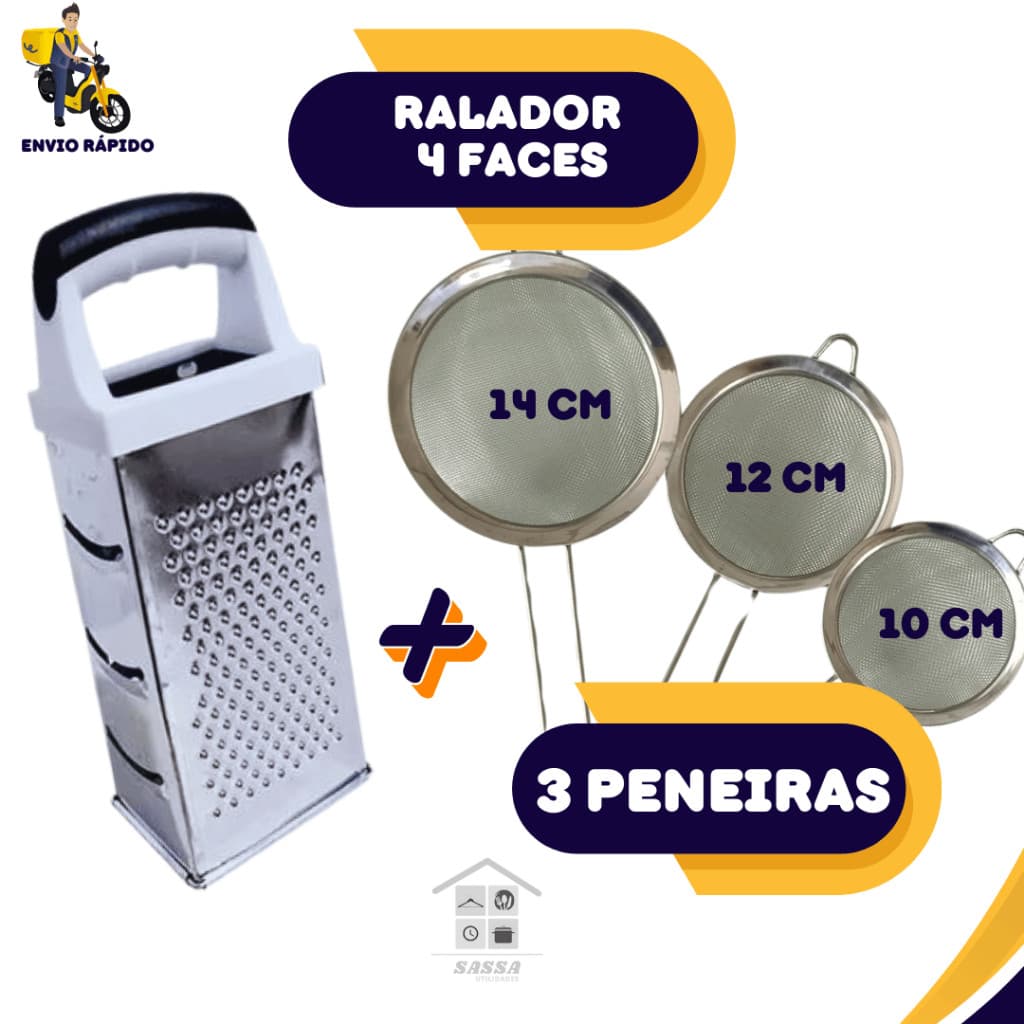 Kit Ralador Aço Inox e 3 Peneiras Tamnahos 10Cm 12 Cm e 16 Cm em Aço Inox Coador Ralador de Queijos Legumes Frutas
