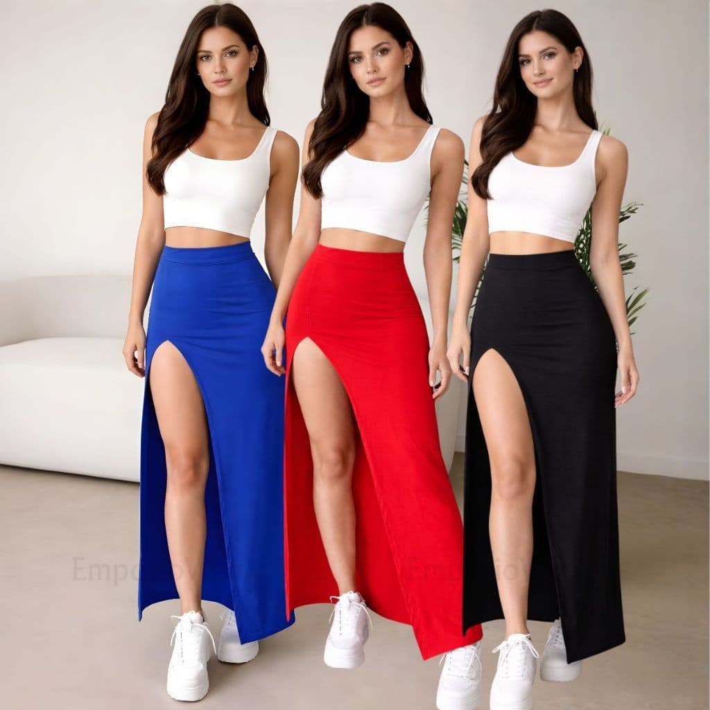 Saia Longa Suplex Cintura Alta Fenda Moda Casual Feminina Marrom Preto Marsala Vermelha Azul