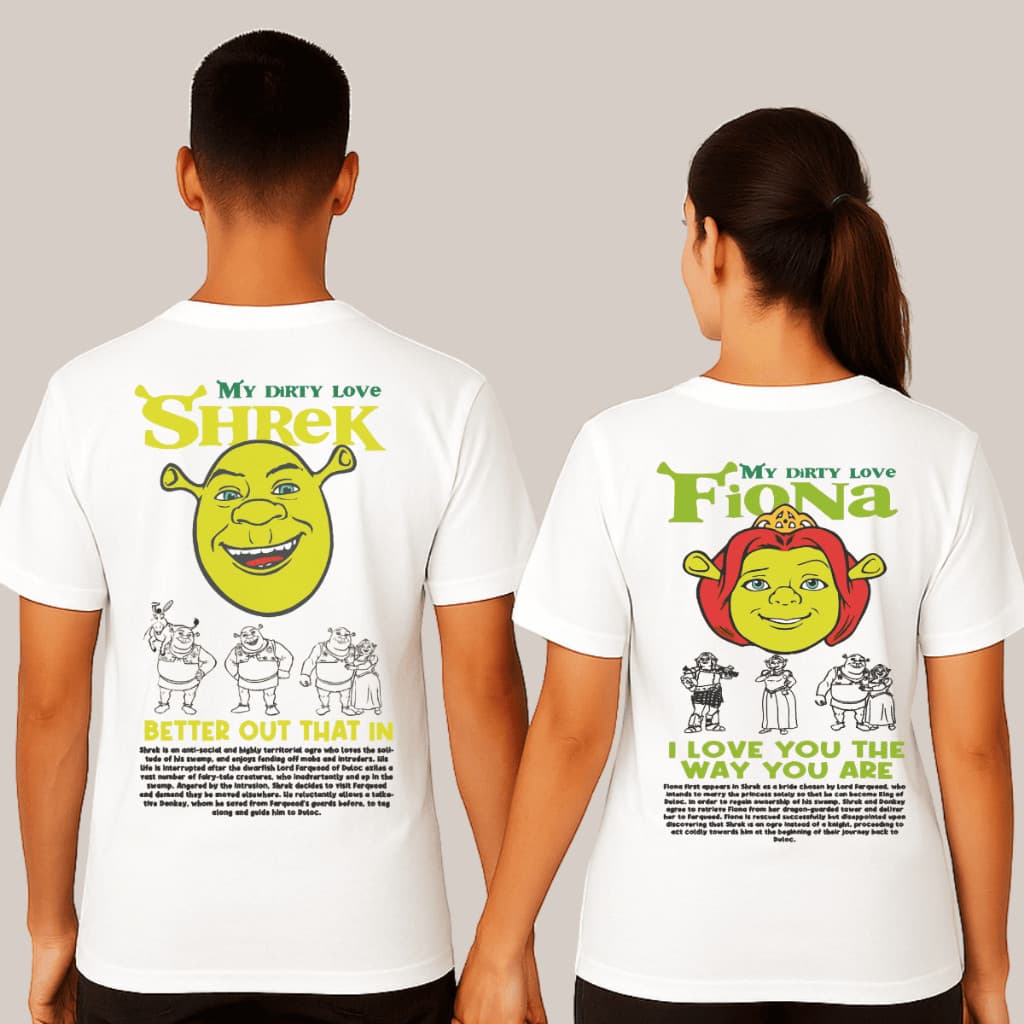 Kit Conjunto 2 Camisetas e Shrek e Fiona camisetas casal algodão macio