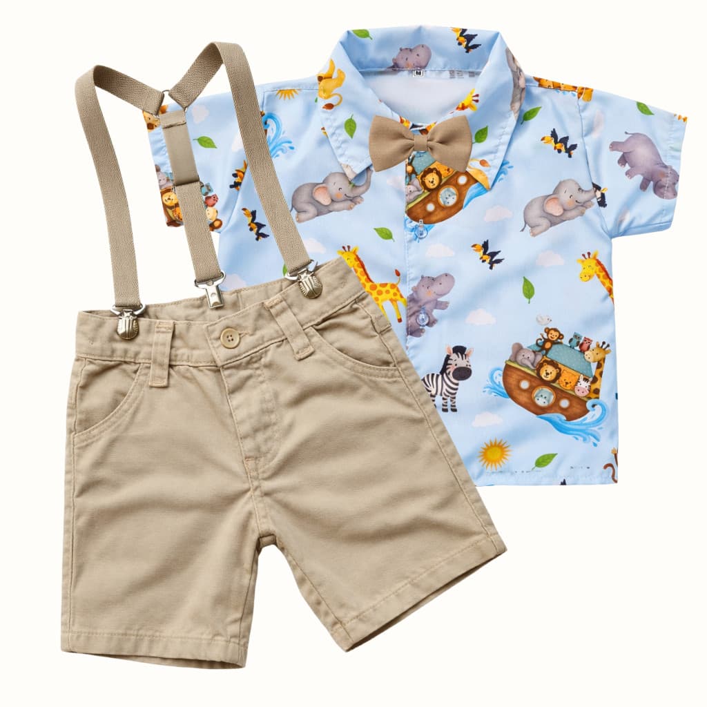 Conjunto Arca de Noé Infantil Look Festa, Aniversário Roupa Temática Social Menino com Suspensório e Gravata